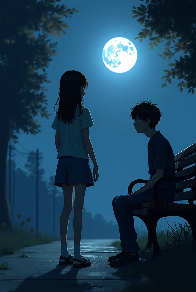 teen girl facing away from a teen boy sitting on a bench on a moonlit 