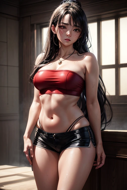 majicMIX realistic,Beautiful sexy wet dress, Red shirt, black short skirt, white panties, Long-haired glasses, Hands raised, Sitting, Spread your legs,The reveal panties,exposing your navel,with fair skin,Delicate and beautiful face,Bigchest,Thighs down
