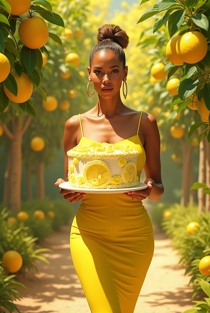 Beyonce in lemon dress caring large lemon cake all that in lemon dekot