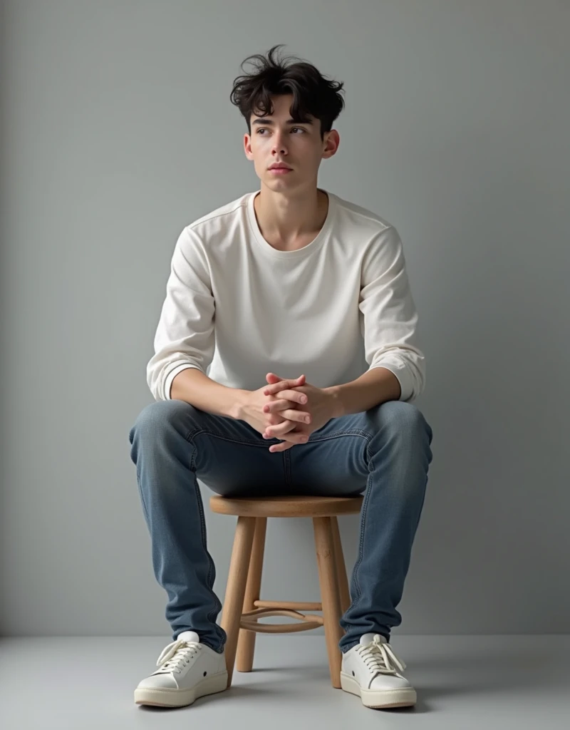 A young man sitting on a stool with a plain gray background