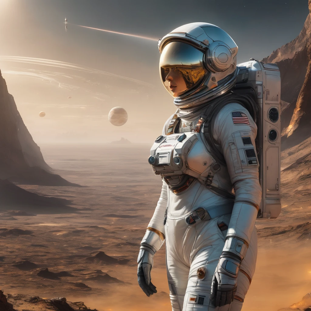 Masterpiece, a beautiful 2 German blonde girl, solitary female astronaut, desolated planet landscape, space and stars, electric atmosphere, utility belt, Metallic Gray Zinc, sci-fi, ultra high res.photorealistic, 16k, UHD, HDR, the best quality, body-tight astronaut suit, intricate, the most fantastic details, RAW, dramatic lighting, full body, space ships in the sky, realistic reflections, sunrise, to scale, lonely, determined, dynamic posture, a space military compound in the background