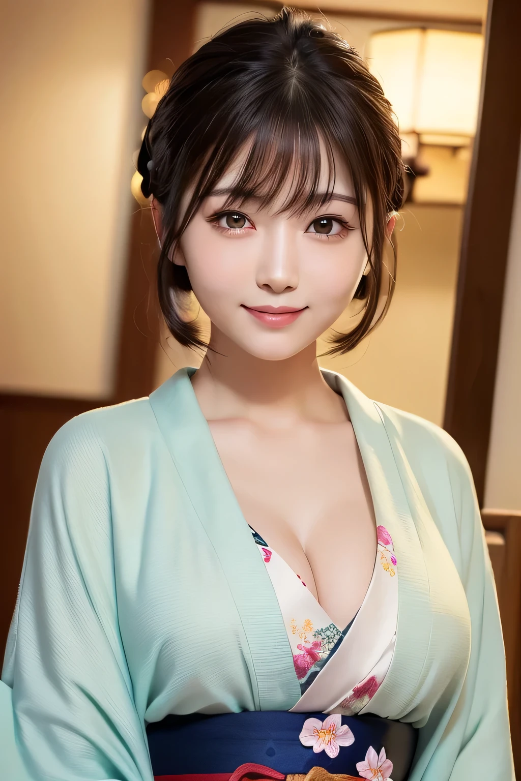 (highest quality:1.5)、(Real:1.5)、(1 person:1.5)、Medium Shot、(Very detailed)、(High resolution)、8k、Small breasts、Natural color lip、Cute smile、Japanese women、20 year old girl、Thin eyebrows、Beautiful and elegant face、Cute face、Cute eyes、Big eyes、Big Eyes、Fair skin、Beautiful and elegant face、Natural Bangs、Beautiful and thin nose、 Beautiful Skin、Medium Bob Hair、Natural Bangs、Perfect and beautiful features、Slim face and figure、(Looking at the camera with a cute expression)、(Bright lighting)、Professional Lighting、(Lighting from the front)、Adorable smile、cute、Beautiful cleavage、Simple Background、Japanese-style room、Beautiful clavicle、Graceful pose、Kimono with long-sleeved kimono、Cutekimono with long-sleeved kimono、(cutekimono)、(cutekimono)、Beautiful clavicle、Upper Body、Beautiful cleavage、Beautiful Japanese pattern kimono、Cute Japanese pattern obi、kimono、(Large Breasts:1.3), (Slim Body:1.3),
