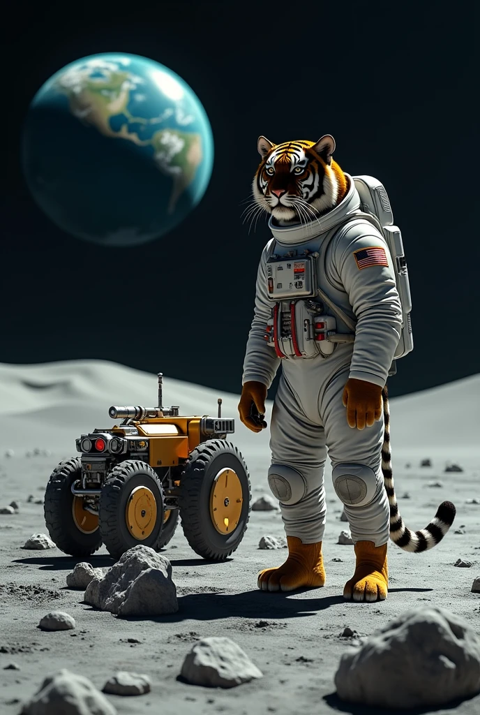 Tiger with space suit and stand next to a space rover in moon 9:16 scale