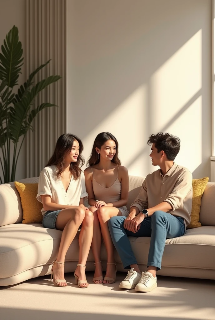 Modern girls and boys are setting on sofas at asthetic place