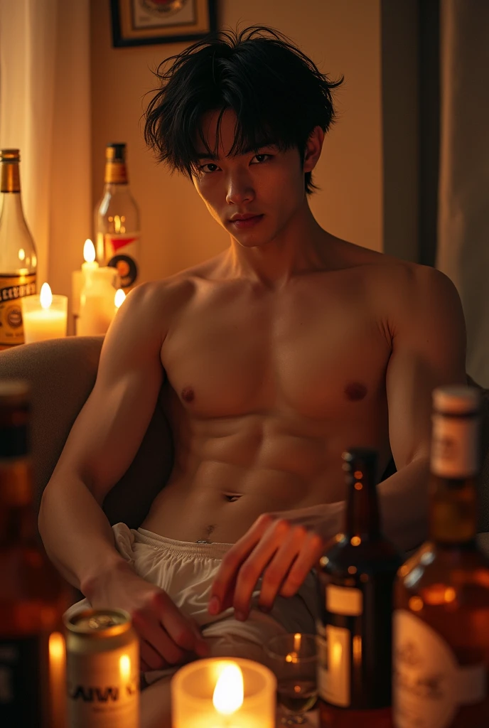1boy、Photo Quality、Cute handsome man、Mash Hair、Japanese male, 、Completely naked、Full nudity、erection、Huge penis、Highest quality、Realistic、beautiful、Lots of bottled beer、bottle wine、Surrounded by whiskey bottles、Inside the apartment、Candle flame、A wall full of canned beer