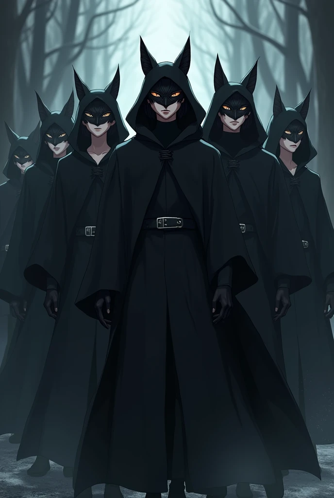 Create me 7 anime style characters wearing black cloaks and equally black Japanese fox mask
