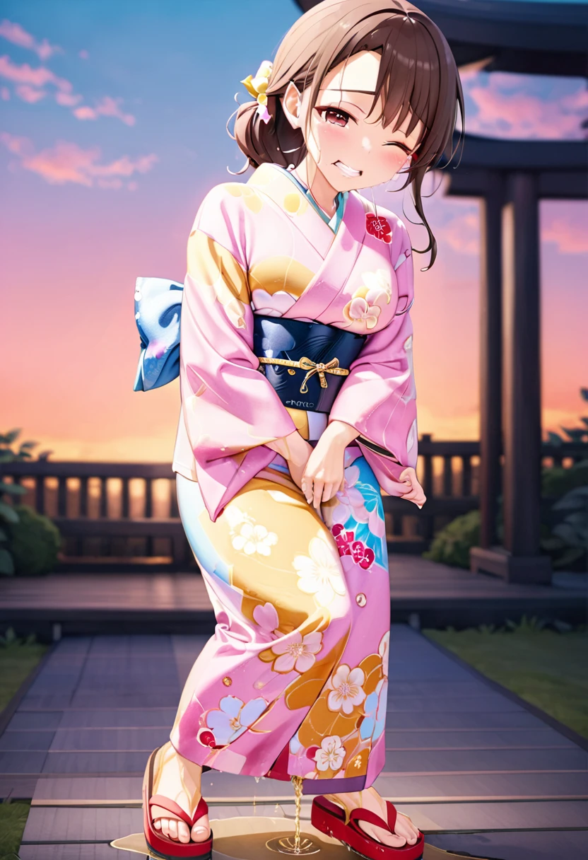 NSFW, (masterpiece, top quality, best quality, highly detailed:1.6), anatomically correct, (full body), wide shot, long shot, (Knee rubbing:3), (leaning forward, Hold the crotch area over the clothes:2), (standing:2), (((clutching crotch))), (woman standing on the shrine, outdoor), (Pastel Colors kimono, Maxi Length, Extremely wet with pee:2.5)),strong facial expression, (sharp eye:1.2), (scowl:1.1), (embarrassed,blush:1.3), (steam:2.5), (Wet:1.1), (sweat:1.1), (trembling:1.3), (open mouth, wavy mouth:1.7), (clenched teeth:2.3), (Drooling from the mouth:0.7), (half open eyes:2.5), (Close one eye, Winking:3), (tears:3), (feeling weak:1.5), (bravery crying, sobbing:1.5), (shoot from front:1.2), (Red sandals:2), (long hair, Dark Brown hair, low ponytail:1.5), (woman trembling with sexual climax:1.5), colorful, perfect composition, (Touching the crotch:1.7), urination, incontinence, piss, peeing self, A lot of pee, (((pee stream))), (pee puddle), Wetting herself, peeing, blush, trembling, embarrassed, large breasts, Yellow pee, ((leaking pee)), Shaking one's shoulders, Breaking a sweat on forehead, Pee spread on the floor, (Pee stains), Full bladder, ((Pee-soaked kimono)), Pee-soaked ankle socks, natural makeup,Pee dripping from kimono,