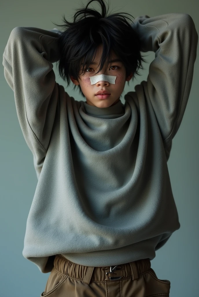 Japanese age boy wearing an oversized grey sweater. The sleevers hide his hands. He is wearing a cargo short and black converse. The boy have short black messy hair. He have bruises under his eye and a bandage tape on his nose. He have pale orange eyes. He is handsome and stand arms up in a model poses. His face is the most visible.
