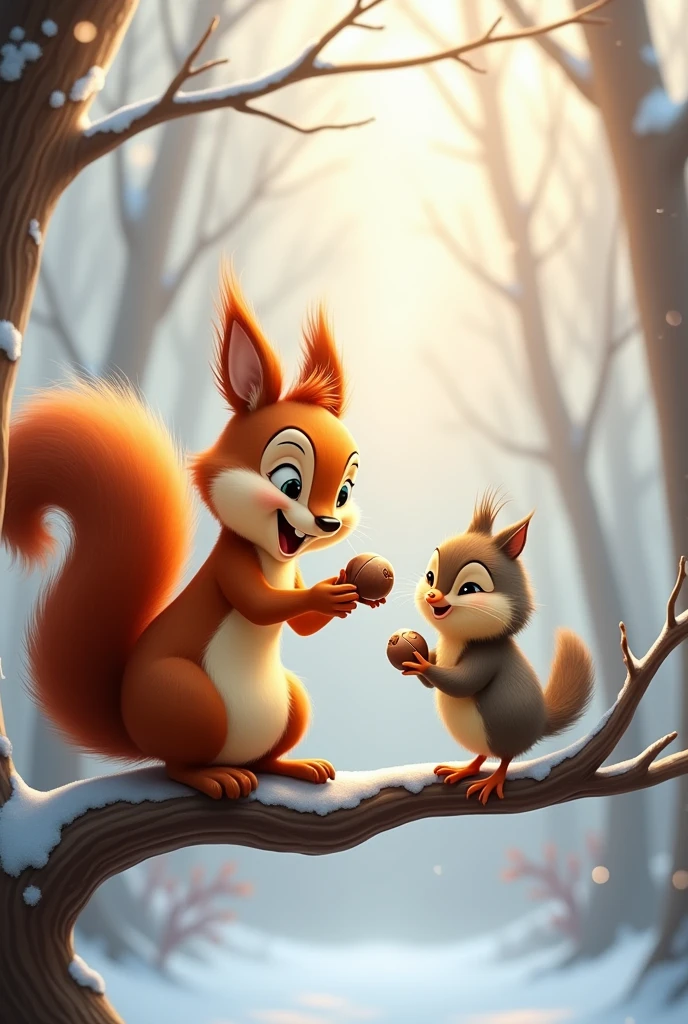 Squeaky the squirrel is happily sharing his collected nuts with Chirpy, the small bird. They are both perched on a branch, with the winter forest in the background. Chirpy looks grateful as Squeaky hands her a nut, and both animals are smiling."