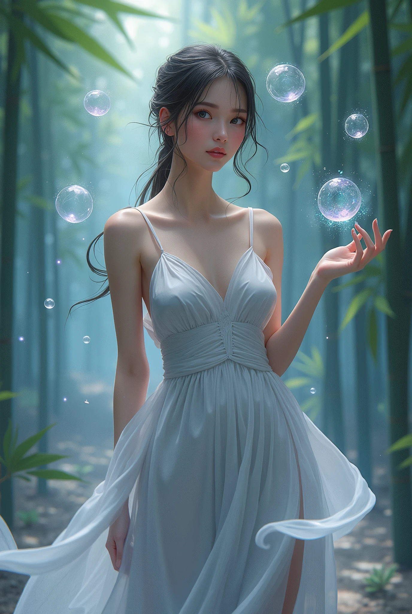 A whimsical scene unfolds in a Loish and Wallop-inspired . A woman, dressed in flowing attire, is the focal point of the composition. She blows ethereal bubbles, their translucent forms suspended in mid-air like delicate jewels. The bubbles' wispy tendrils curl around her fingers, as if drawn to her touch. In the background, a subtle gradient of blues and purples evokes a dreamy atmosphere, reminiscent of Anna Dittmann's style. Water magic swirls around her, with intricate details that invite the viewer to step into this fantastical world. She wears a tight, silver silk dress that hugs her slender body, accentuating her medium chest and toned shoulders. The dress is blown by the gentle tropical island breeze as she stands amidst a serene bamboo forest at dawn.In a softly focused, low-key lit scene, a stunning young woman lies provocatively on a lush flower garden, her off-the-shoulder top accentuating her cleavage and showy shoulders. Her big breasts are prominently displayed, and her plump body curves invitingly. She sports a bob haircut and a seductive gaze, with furrowed eyebrows adding to the mystique. The colorful t-shirt she wears is subtly textured to resemble flowers, while cold light emphasizes the definition of her toned physique. From above, the camera captures her enticing pose, showcasing her big thighs as she lies provocatively amidst the vibrant blooms. Her eyes lock onto the audience, exuding a playful, flirtatious vibe. Her full lips are painted with a subtle red hue, parted in a charming smile that hints at a mischievous personality. The camera captures her in stunning detail, from the transparent white skin to the delicate makeup on her face and the intricate hair details. The scene is bathed in soft, natural light, with a touch of virtual lighting effects to enhance the overall realism.