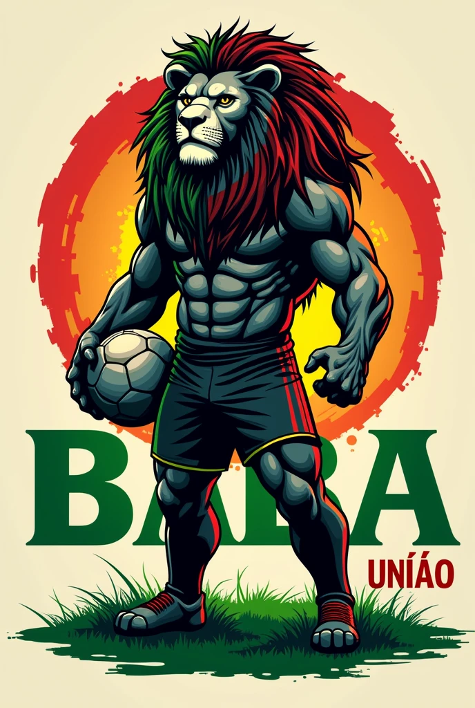 create a logo of a black and white lion with large Bob Marley style dreads in red and green colors standing dressed in a football uniform on a green and red field holding a football and the name BABA UNIÃO written very large