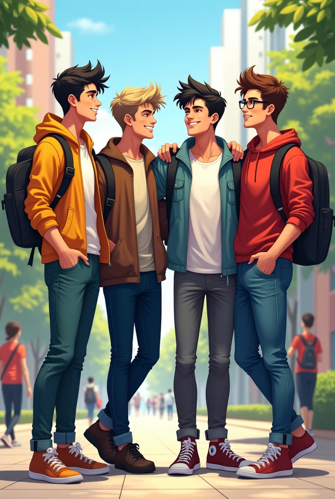 Character design of four university male friends
