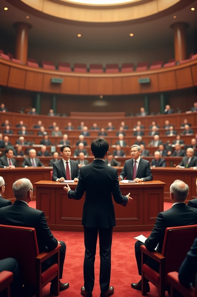 A young Asian man in a suit is speaking to politicians from various countries sitting in a huge circular lecture hall.，Politicians from all over the world are looking at men，No flags appear，