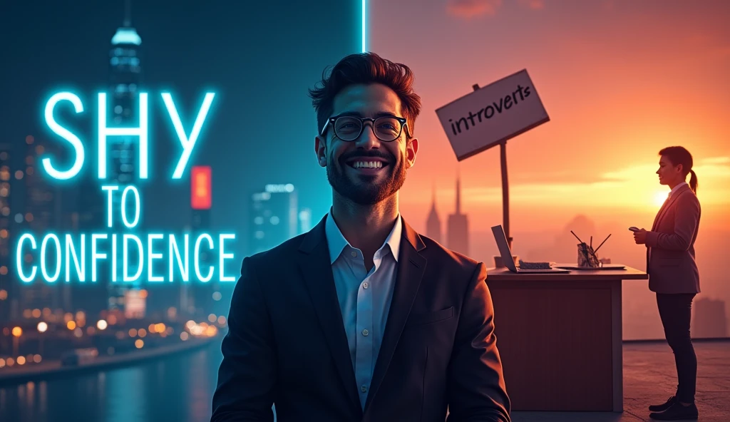 For the promotional layout of "SHY TO CONFIDENCE," consider the following design elements to enhance its impact and make it more engaging:
1. **Central Figure**: Keep the man with dark hair, glasses, and a beard, dressed in a sleek black suit. Position him prominently to convey confidence. Add a warm, inviting smile and a slight upward gaze to emphasize positivity and growth.
2. **Background Sections**:
- **Left Section**: Instead of a chaotic dystopian cityscape, opt for a bustling city with bright lights and activity that symbolizes progress. Make the red moon a vibrant sunset or sunrise, radiating optimism and new beginnings.
- **Right Section**: Replace the ghostly figure with a supportive mentor figure standing next to the man at the desk, symbolizing guidance and encouragement. This creates a positive narrative surrounding personal growth.
3. **Text Element**: The title "SHY TO CONFIDENCE" remains in bold, neon blue font at the top, but consider adding a dynamic glow or outline effect to make it pop and attract the viewer's attention.
4. **Character with Sign**: Maintain the small character holding the sign that reads "introverts" but give them a more playful or inviting appearance. Use a vibrant, eye-catching color for the sign, and place it in the lower corner to encourage engagement with introverted viewers.
5. **Hook Elements**: Include subtle visual cues that evoke curiosity, such as arrows pointing toward the central figure or a dynamic shadow that leads the viewer's eye to the transformation journey from shy to confident.
6. **Trending Thumbnail Aspects**: Consider incorporating a split screen effect that contrasts "Before" on the left (with muted colors and a shy posture) versus "After" on the right (with bright colors and a confident stance). This stark visual difference can captivate viewers and create intrigue.
Incorporate these elements to ensure that the promotional layout stands out and captures interest while conveying a compelling