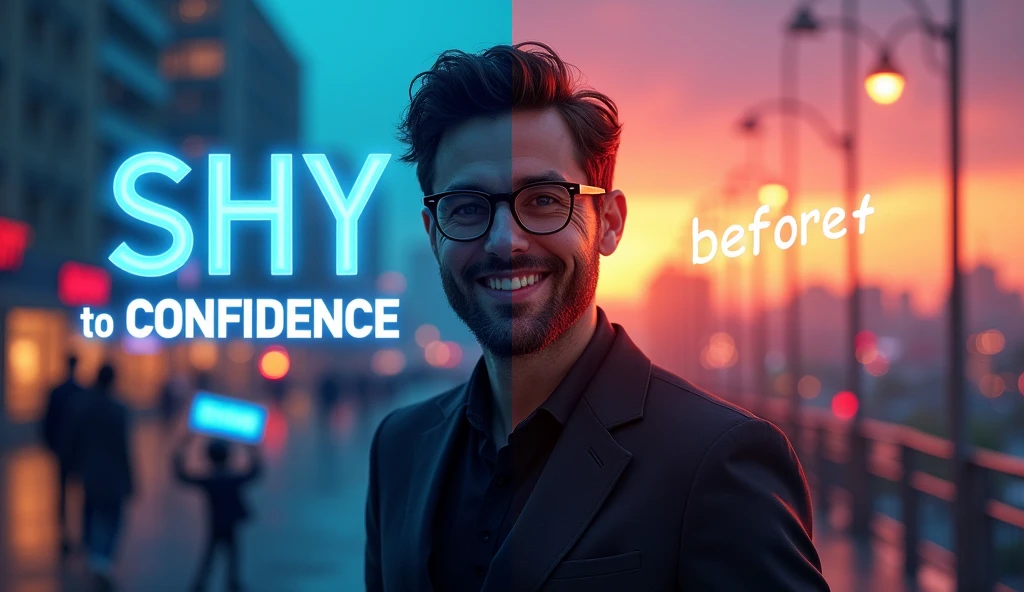 For the promotional layout of "SHY TO CONFIDENCE," consider the following design elements to enhance its impact and make it more engaging:
1. **Central Figure**: Keep the man with dark hair, glasses, and a beard, dressed in a sleek black suit. Position him prominently to convey confidence. Add a warm, inviting smile and a slight upward gaze to emphasize positivity and growth.
2. **Background Sections**:
- **Left Section**: Instead of a chaotic dystopian cityscape, opt for a bustling city with bright lights and activity that symbolizes progress. Make the red moon a vibrant sunset or sunrise, radiating optimism and new beginnings.
- **Right Section**: Replace the ghostly figure with a supportive mentor figure standing next to the man at the desk, symbolizing guidance and encouragement. This creates a positive narrative surrounding personal growth.
3. **Text Element**: The title "SHY TO CONFIDENCE" remains in bold, neon blue font at the top, but consider adding a dynamic glow or outline effect to make it pop and attract the viewer's attention.
4. **Character with Sign**: Maintain the small character holding the sign that reads "introverts" but give them a more playful or inviting appearance. Use a vibrant, eye-catching color for the sign, and place it in the lower corner to encourage engagement with introverted viewers.
5. **Hook Elements**: Include subtle visual cues that evoke curiosity, such as arrows pointing toward the central figure or a dynamic shadow that leads the viewer's eye to the transformation journey from shy to confident.
6. **Trending Thumbnail Aspects**: Consider incorporating a split screen effect that contrasts "Before" on the left (with muted colors and a shy posture) versus "After" on the right (with bright colors and a confident stance). This stark visual difference can captivate viewers and create intrigue.
Incorporate these elements to ensure that the promotional layout stands out and captures interest while conveying a compelling