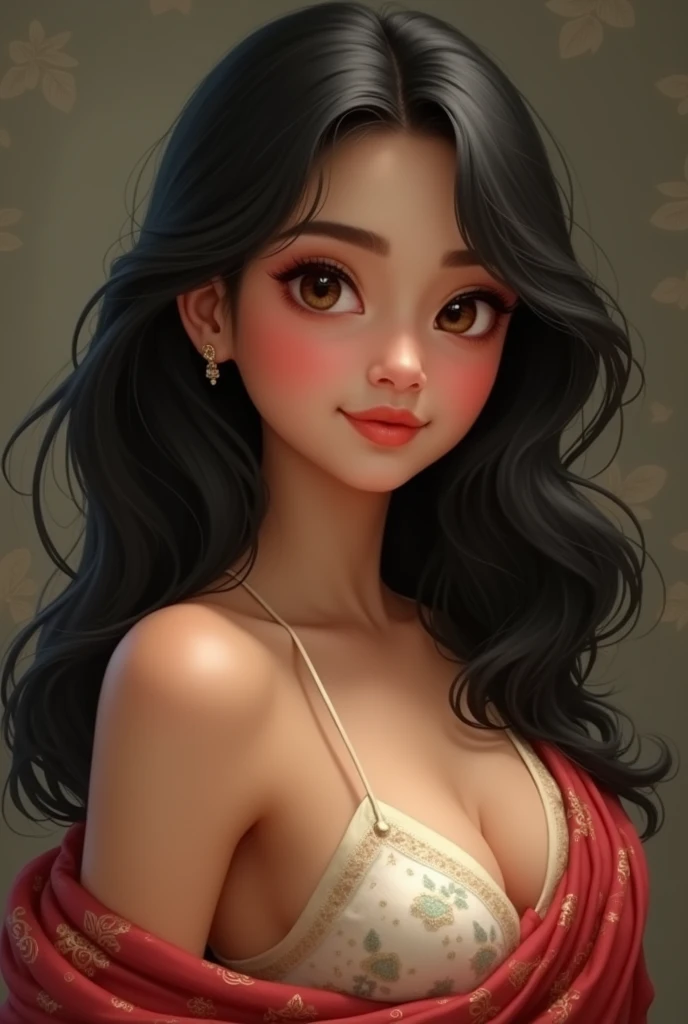 Best Quality, Masterpiece, (Realistic: 1.2), 1 girl, chubby girl, black hair, brown eyes, front, detailed face, beautiful eyes, brown eyes, big eyes, small breasts, cleavage, long dress,saree