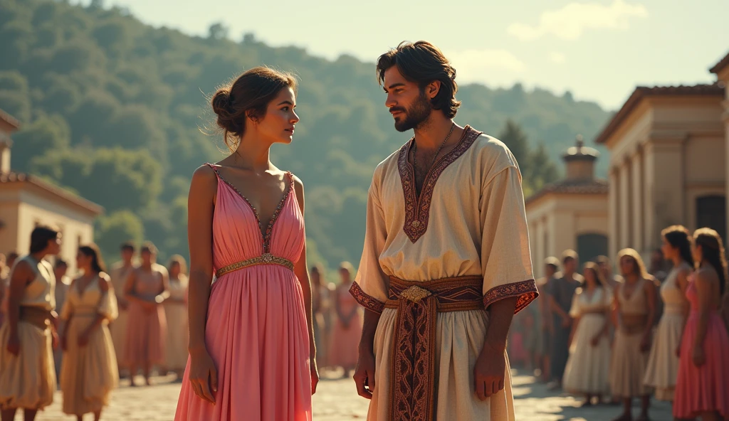 a greek woman wearing pink greek dress, head to toe visible standing in front of a greek Shepherd young masculine, background is greek wedding, man and woman similar height, renaissance, cinematic 