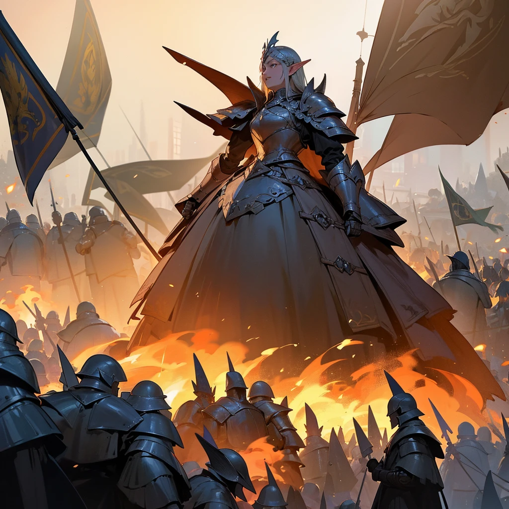 The heavily armored Elven army marches in tight formation with raised banners across the burning fields., each soldier is drawn in detail