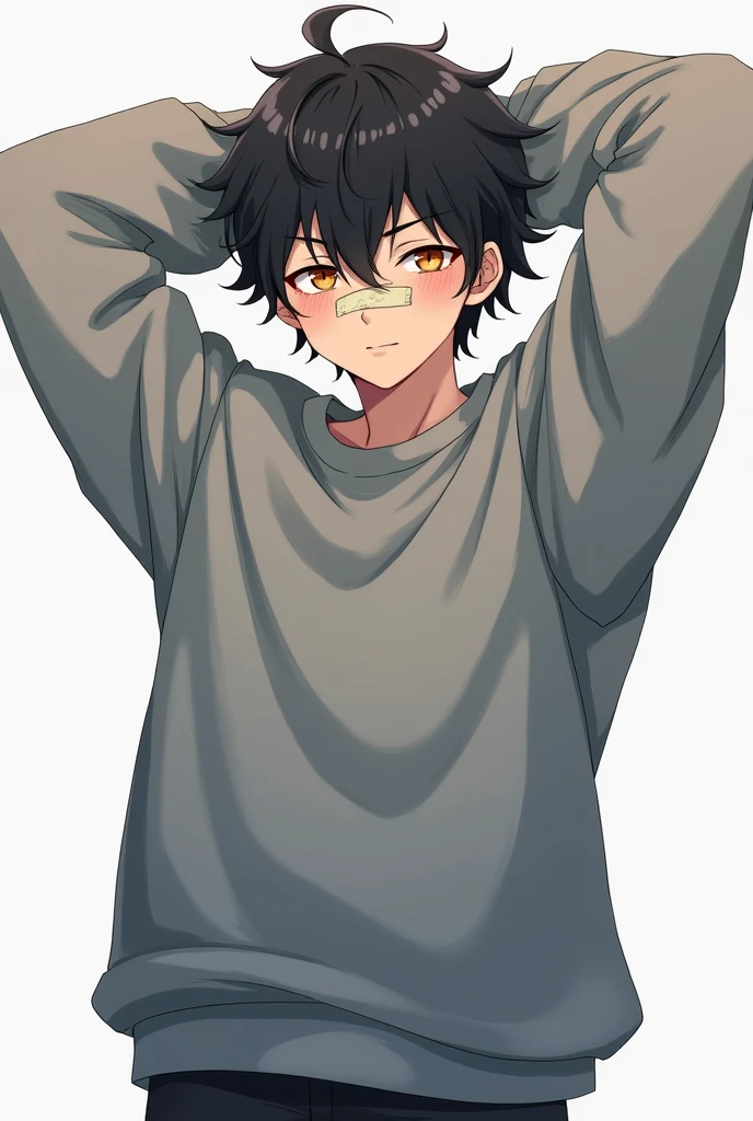 Japanese teenage boy wearing an oversized grey sweater. The sleevers hide his hands. He is wearing a cargo short and black converse. The boy have short black messy hair. He have bruises under his eye and a bandage tape on his nose. He have pale orange eyes. He is handsome and stand arms up in a model poses. His face is the most visible. Anime