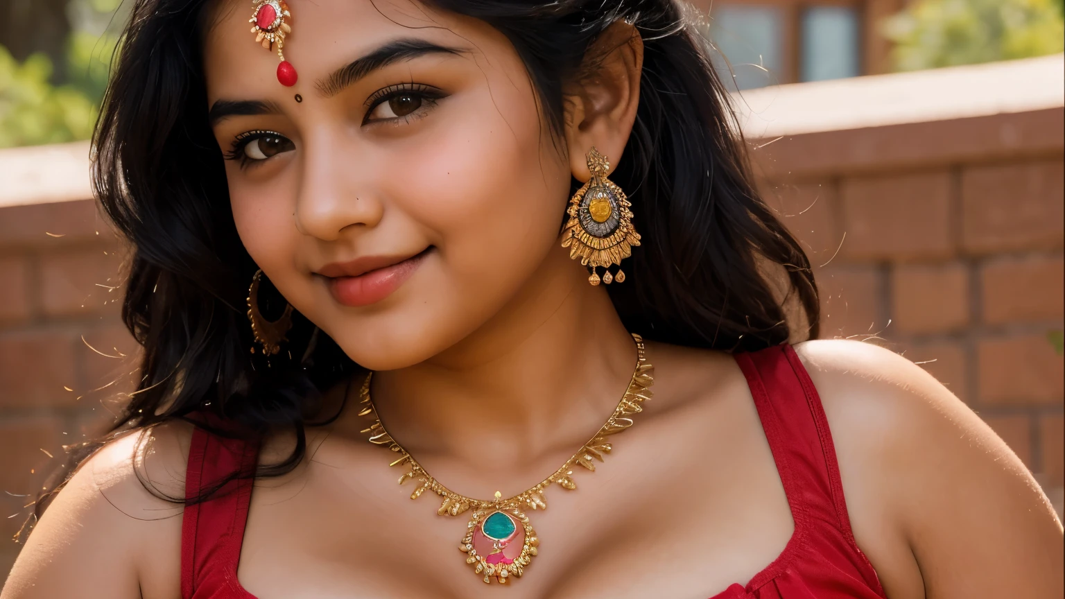 Indian school girl, ((playing ,touching ,squeezing ,grabbing )), person, ( black hair ), (wide angel ),outside the athletic field, (chubby), photorealistic, detail, skin texture, super detail, delicate and sexy collarbone, smile, super detailed face, detailed lips, detailed eyes, double eyelids, huge big breasts with red bra. Full view