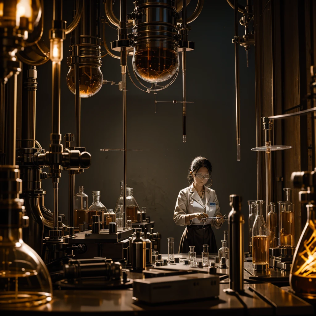 a woman scientist in her laboratory with stills and test tubes while busy creating a monstrous being