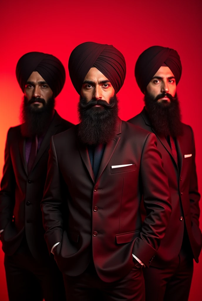 3 Punjabi boy with turban perfect full beard wearing formals posing red light in background