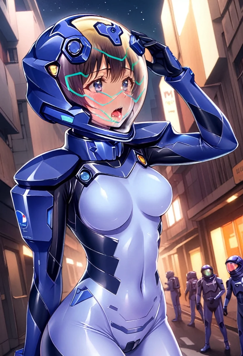 short hair, street, emo, BLACK hair, white eyes, eyeliner, apocalypse, (astronaut, girl, road, city, fortified suit, ((blue:1.5) plugsuit), short hair, outdoors, cinematic light, medium breasts, covered navel, space helmet, muvluv, space helm, eva helmet,[legs bent, ,ahegao, rolling eyes,saliva, drooling, sweat, trembling, HARD TO BREATH,, (hands up:1.6), (holding head:1.7), upper body