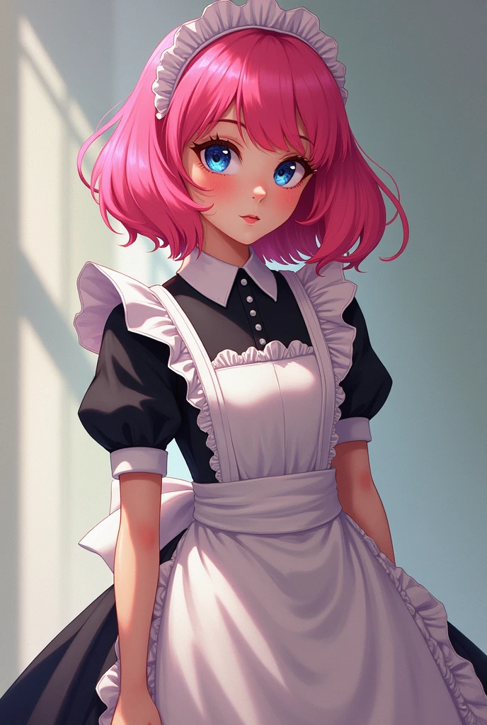 woman,pink hair,Maid outfit,,Two-color eyes,full body