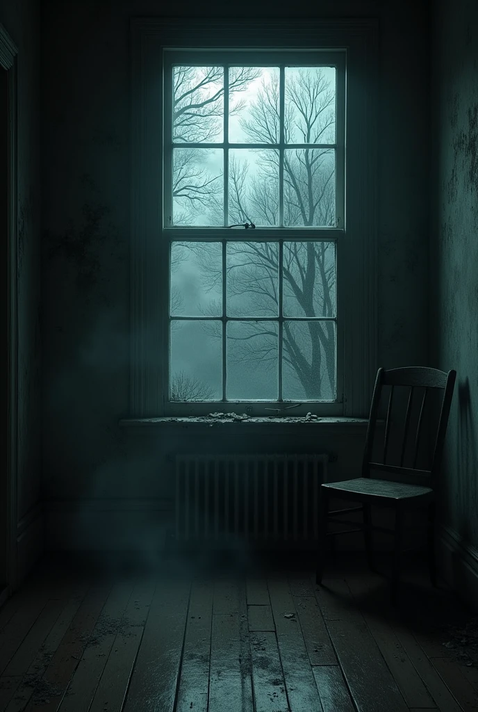 interior (inside the house) of a two-story house, Specifically on the second floor with an open window and a scary and gloomy atmosphere. 