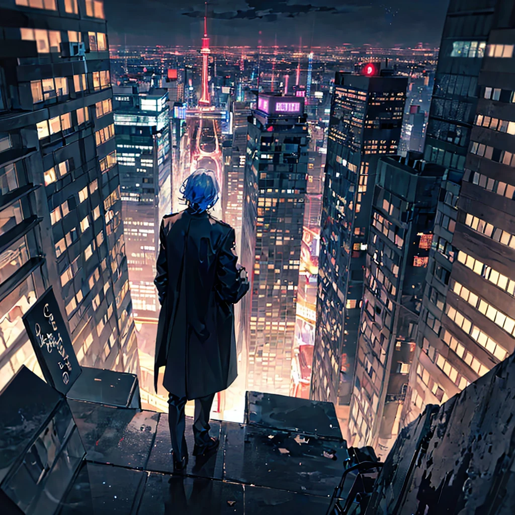 masterpiece, Highest quality, night, Near future city, neon, Buildings, A man looking down on the city from a high vantage point, Food, Long coat, Black Costume, Turn your back on the viewer, 3 people, The Power Behind the Scenes