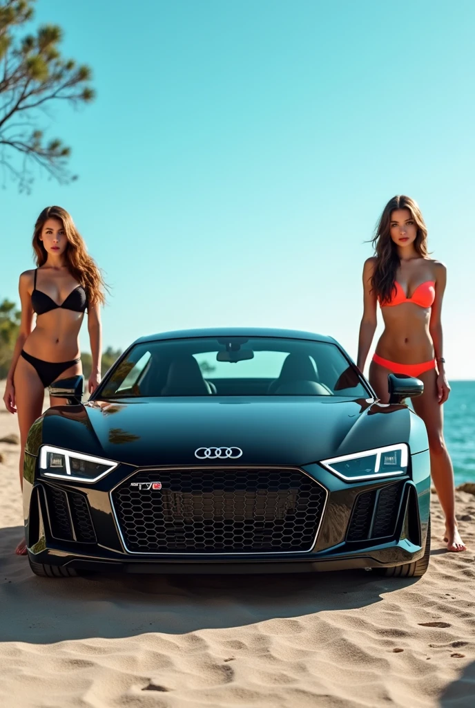 Black Audi R8 with 2 women in bikinis