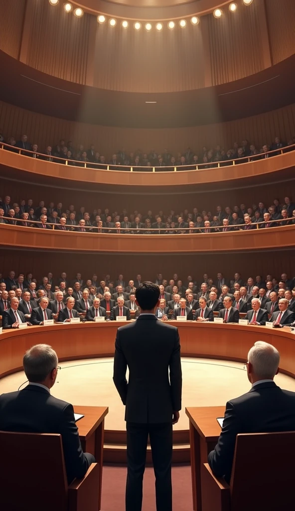 A young Asian man in a suit is speaking to politicians from various countries sitting in a huge circular lecture hall.,Politicians from all over the world are looking at men,No flags appear,