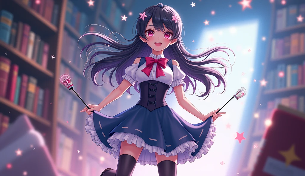 (best quality,4k,8k,highres,masterpiece:1.2),ultra-detailed, fantasy setting, Magic school, (1girl), high school boy magically transformed into a cute school girl, long black hair, fair skin, colorful lighting,fantasy world,pink eyes,gender bending,cute school girl fashion,dressed in a pink fantasy girl’s uniform with corset,a ribbon tie and knee-length skirt, petticoat,puffy sleeves, black stockings and mary jane shoes, feminine outfit,holding a magic wand,sparkling magic,female transformation spell,magical aura,mirror reflection,amazed expression,fantastical scenery,enchanted school environment,bookshelf filled with magical books,textbooks with floating letters,hairstyling tools,sparkles raining down,sparkling stars,soft and pastel colors,expressive facial features,girlish smiles, happy and confident poses,wonder and joy in her eyes,lively and dynamic composition,shimmering and glowing effects,enchanted ,eye-catching accessories,beautifully detailed lips,school bag with magical elements,subtle surreal elements,life-changing moment