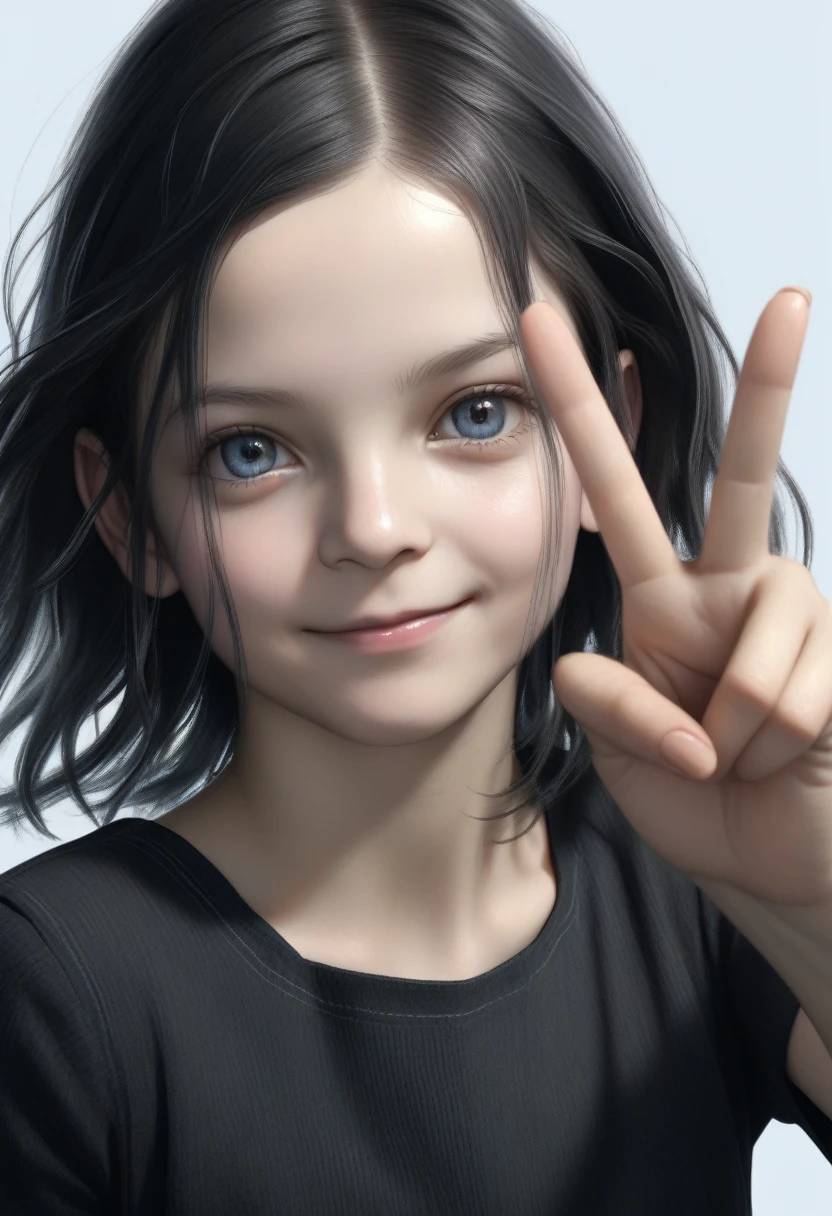 detailed portrait of a young girl, black hair, black dress, one hand making a V sign, smiling, against a simple light blue background, realistic, photorealistic, best quality, 8k, ultra-detailed, sharp focus, vivid colors, physically-based rendering