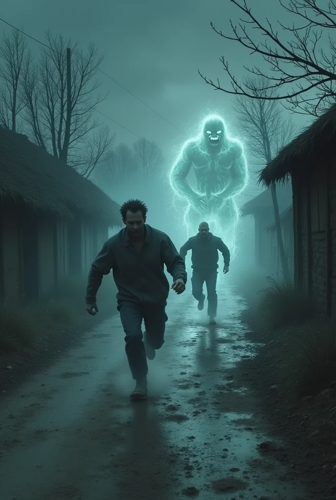 The ghosts of villagers chasing a 2 man on village road.