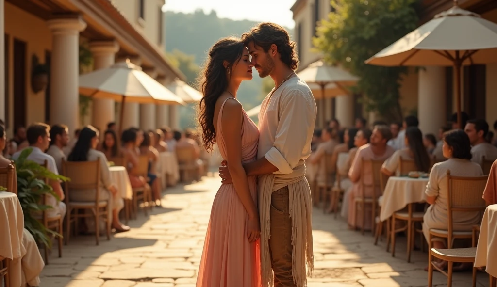 a greek woman wearing light pink greek dress, head to toe visible standing in front of a greek Shepherd young masculine, background is greek wedding, man and woman similar height, renaissance, cinematic 