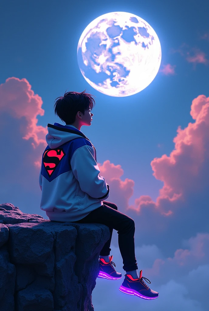 A young person sits on a rocky cliff, gazing at a large, luminous moon in a dramatic sky filled with dark clouds. The figure is dressed in a white jacket with blue and red accents, featuring a prominent “S” logo on the back, and black pants. Their stylish, futuristic sneakers emit a soft purple glow, while their hair is tousled and lightly illuminated by the moonlight. The overall scene has a moody and introspective atmosphere, with shadows and vibrant colors blending beautifully.