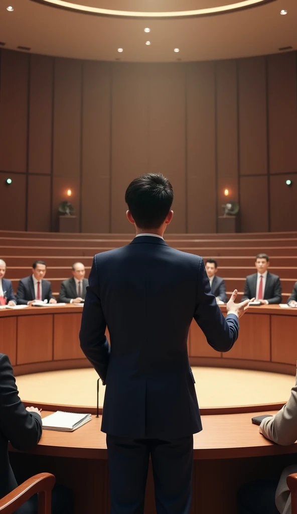 A young Asian man in a suit is speaking to politicians from various countries sitting in a huge circular lecture hall.,Politicians from all over the world are looking at men,No flags appear,