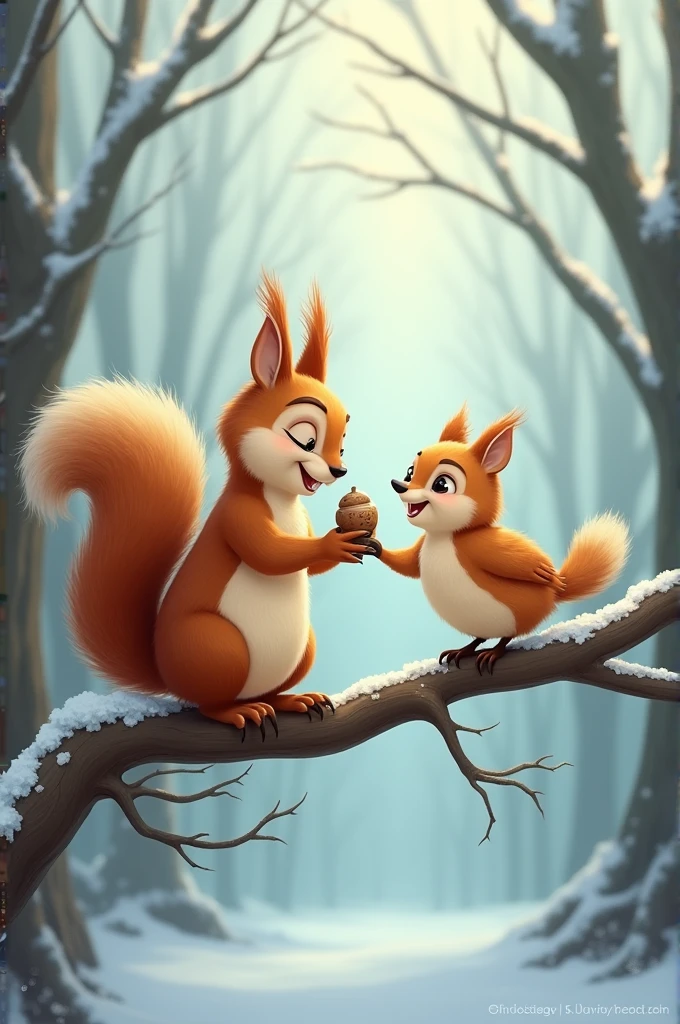 Squeaky the squirrel is happily sharing his collected nuts with the small bird. They are both perched on a branch, with the winter forest in the background. Chirpy looks grateful as Squeaky hands her a nut, and both animals are smiling."