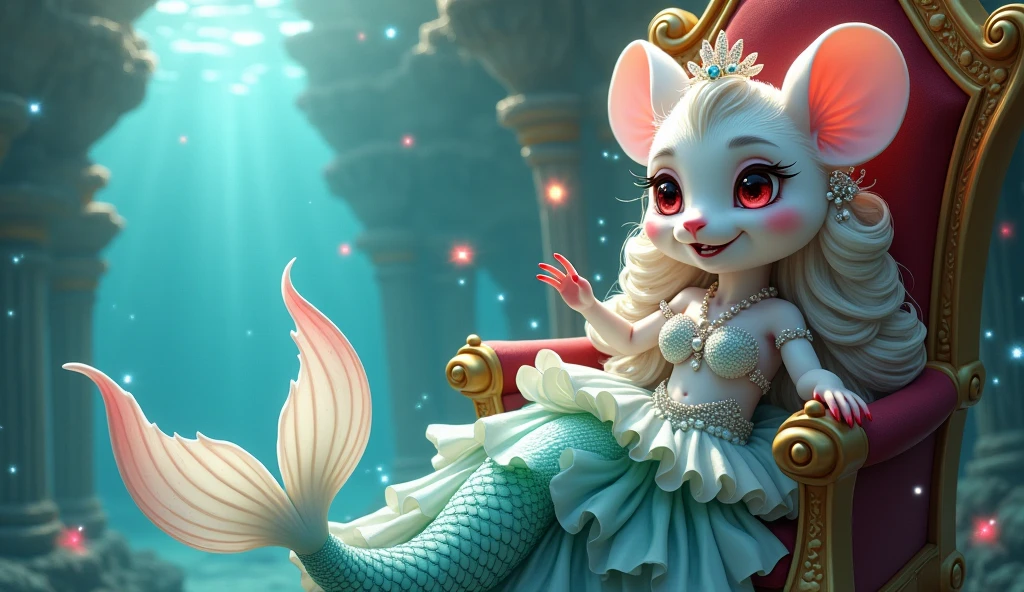 (best quality,4k,8k,highres,masterpiece:1.2),ultra-detailed, drawn in 2D anime style, Pretty anthropomorphic albino mouse girl magically transformed into a beautiful mermaid princess, race swap, fantastic transformation, sharp teeth, beautifully detailed lips with lipstick, she’s smiling, steampunk, fishlike, wet body, very long curly white hair adorned with hair accessories, red eyes with long eyelashes, white fur, slim body, red manicured nails, whiskers, mouse ears with pearls earrings hanging from them, long mermaid tail below waistline with shimmering cyan fish scales, pelvic and dorsal fins, a pair of fish gills on her torso, highly detailed seashell bra with intricate patterns, pearl and gold bracelets, pearl necklace, tiara made of seashells, cute princess dress, physically-based rendering,gorgeous frilly dress design,flowing gown,elaborate lace details,rich textures,contrast stitching,delicate ribbon bows,fish scale accents, translucent skirt,fitted waistline,lace-up back,luxurious fabrics,flawless silhouette, joyful expression, sparkling water, water reflections, ethereal atmosphere, subtle glow, whimsical and enchanting, sitting gracefully on a throne chair, underwater castle interior, intricately decorated throne room, magical underwater lighting, vivid colors, breathing underwater, endless ocean depths, light filtering through the water, Highly detailed, masterpiece, high quality, 4K.