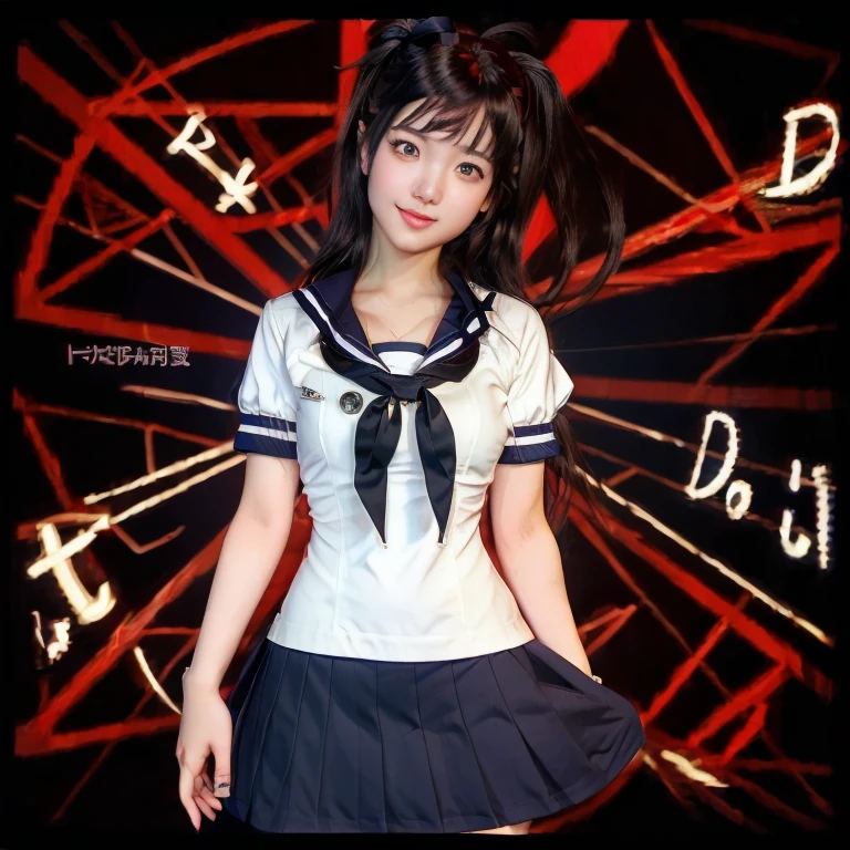 There is a woman in a sailor suit posing for a photo, Kantai Collection Style, anime style 3d, 3d realistic anime style., cosplay chica anime, sailor uniform, cyber school girl, a Hyperrealistic schoolgirl, Akane Owari Danganronpa, Hyperrealistic schoolgirl, magic school student uniform, Nanami Chiaki from Danganronpa