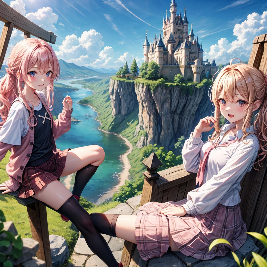 Pink Blonde、Red eyes、Wavy Hair、Hair tied up、Two cute、Checked mini skirt、black t-shirts、cardigan、Knee-high socks、Teeth are visible、Monster Castle、Tilting face、windmill、grass、Stones are growing out of the ground.、Holding hands with a teddy bear、In front of the city gates、Underground tunnels、Water flows from the castle、Wooden bridge、The stone is cracked、Ashura Statue