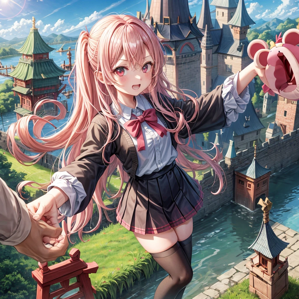 Pink Blonde、Red eyes、Wavy Hair、Hair tied up、Two cute、Checked mini skirt、black t-shirts、cardigan、Knee-high socks、Teeth are visible、Monster Castle、Tilting face、windmill、grass、Stones are growing out of the ground.、Holding hands with a teddy bear、In front of the city gates、Underground tunnels、Water flows from the castle、Wooden bridge、The stone is cracked、Ashura Statue
