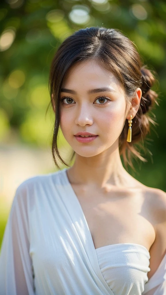 A portrait capturing a woman from the waist up. Her eyes are the focal point, shimmering with myriad stories; eyebrows perfectly arched, framing the windows to her soul. Soft, cascading curls envelop her face, adding a touch of gentleness. Her lips, delicate as a rose petal, carry a soft smile that seems to whisper secrets of a joyful heart. The attire she wears is draped with elegance, the fabric rich with the tales of tradition and embroidered with the subtleties of passion and precision. Every fold, every color, seems to narrate an emotion, an untold story. Accessories adorning her outfit are not just ornaments but a complement to her radiant grace. The light plays beautifully, enhancing the contours of her face, carefully illuminating the essence of her femininity.