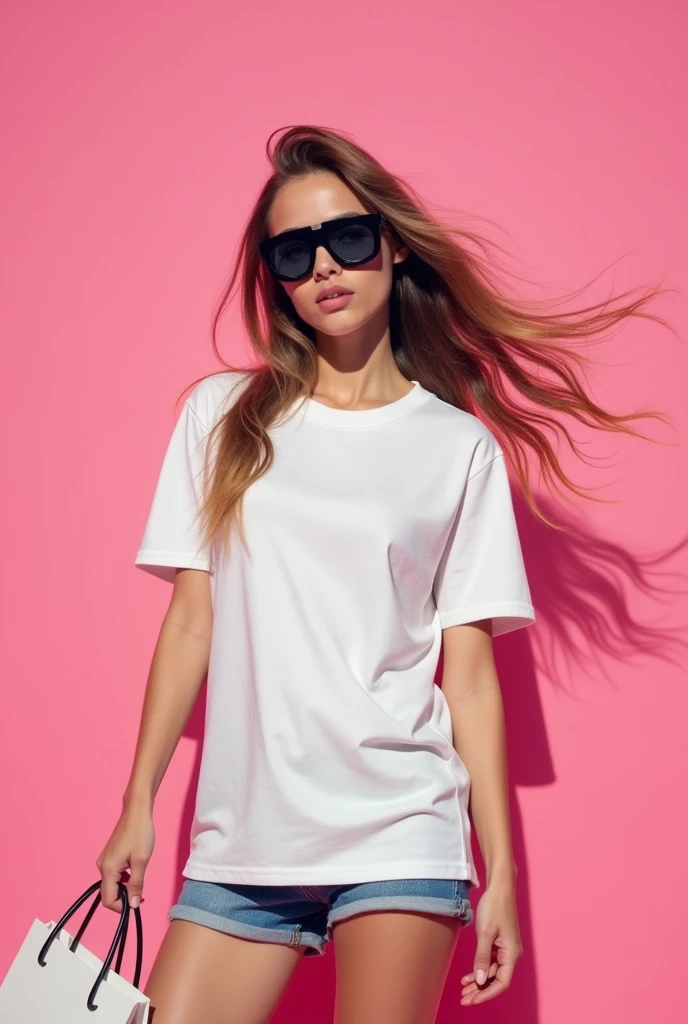 Same girl with the pink background and the t -shirt colour is pure white and medium size t shirt and the girl wear a black colour googles and a shopping bag in her hand . Make sure she stand in different angles and poses