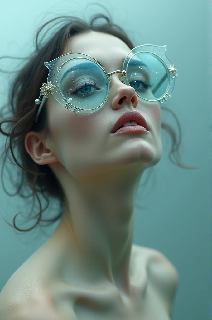 The model is wearing glass sunglasses with stars and the moon on the glass and naked