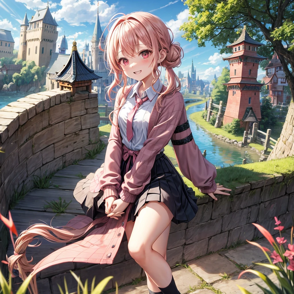 Pink Blonde、Red eyes、Wavy Hair、Hair tied up、Two cute、Checked mini skirt、black t-shirts、cardigan、Knee-high socks、Teeth are visible、Monster Castle、Tilting face、windmill、grass、Stones are growing out of the ground.、Holding hands with a teddy bear、In front of the city gates、Underground tunnels、Water flows from the castle、Wooden bridge、The stone is cracked、Ashura Statue