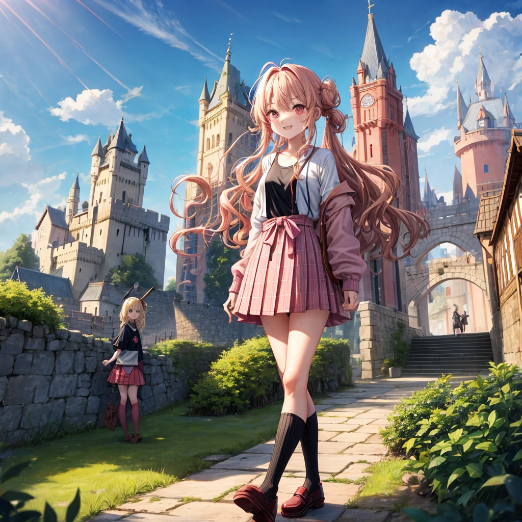 Pink Blonde、Red eyes、Wavy Hair、Hair tied up、Two cute、Checked mini skirt、black t-shirts、cardigan、Knee-high socks、Teeth are visible、Monster Castle、Tilting face、windmill、grass、Stones are growing out of the ground.、Holding hands with a teddy bear、In front of the city gates、Underground tunnels、Water flows from the castle、Wooden bridge、The stone is cracked、Ashura Statue
