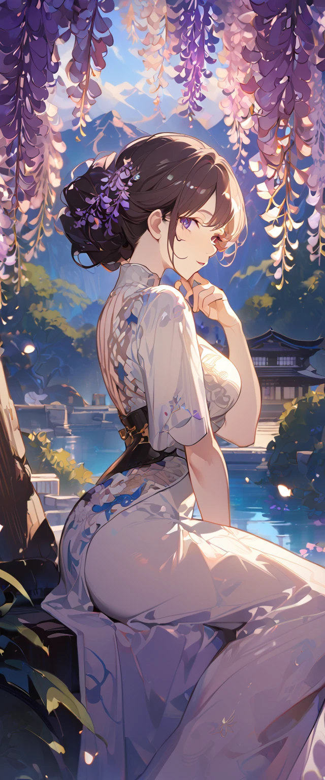 wisteria flower, wisteria tree, wisteria background, 8k ,4k , best quality, high quality, masterpiece, embroidery  clothes, big , all kind of hairstyle, inspired by Asukaziye artist : ask, art style : ask