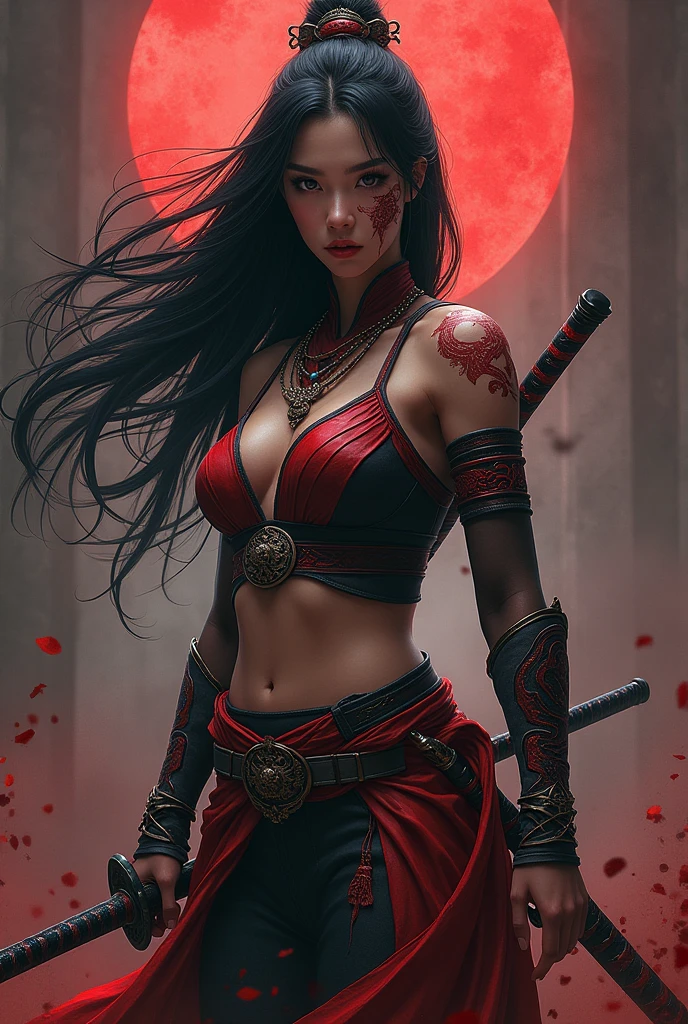 Elden ring, dark fantasy, asian warrior, single katana, light armor, woman, black hair, serpent theme outfit, blasphemy, cursed face, dark red colors outfit